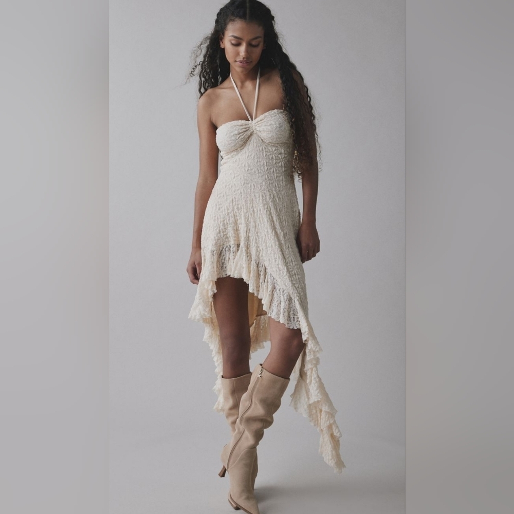 Urban Outfitters Sammi Convertable Tie Asymmetric Lace Midi Dress In Ivory